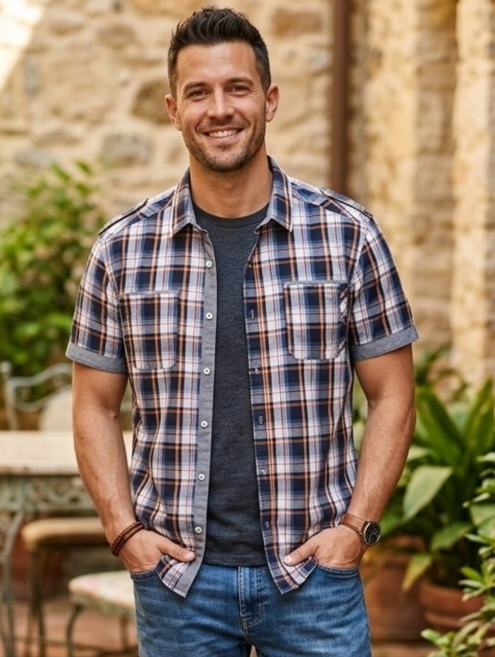 7 Diamonds Blue and Orange Plaid Casual Shirt
